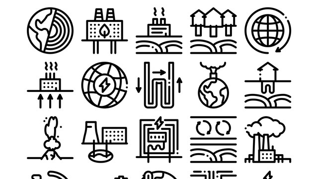 Geothermal Energy Collection Icons Set Vector. Geothermal Electricity Factory And House Heat Equipment, Geyser And Earth Temperature Concept Linear Pictograms. Monochrome Contour Illustrations