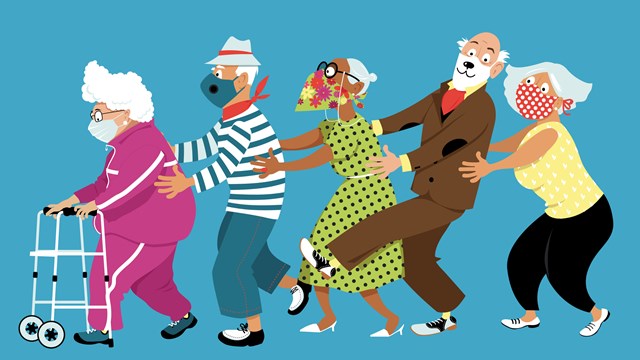 Group of active seniors dancing conga line and wearing protective non-medical facial masks to prevent spread of Covid-19, EPS 8 vector illustration