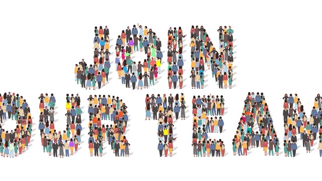 Join our team typography banner. Large group of people standing together in the shape of letters, flat vector illustration. People crowd gathering. Hiring, employment, job opportunities, recruitment.