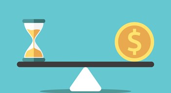Co-ops Authorized to Charge 8% Late Fee Sandglass and gold dollar coin on seesaw weight scale. Time, money and urgency concept. Flat design. EPS 8 vector illustration, no transparency, no gradients
