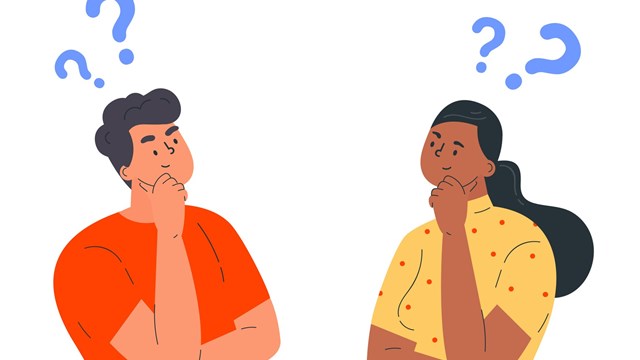 Couple of man and woman having a question. Male and female characters standing in thoughtful pose holding chin and question marks above their head. Quarrel, doubts or interest in relationship. Vector