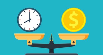 When Must Co-ops and Condos Pay Their Employees Prevailing Wages? Time is money on scales icon. Money and time balance on scale. Weights with clock and money coin. Vector illustration in flat style