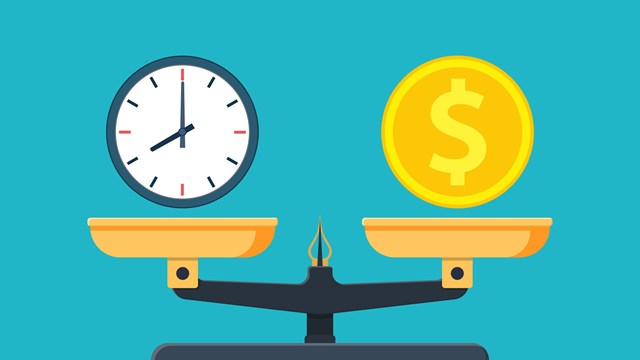Time is money on scales icon. Money and time balance on scale. Weights with clock and money coin. Vector illustration in flat style