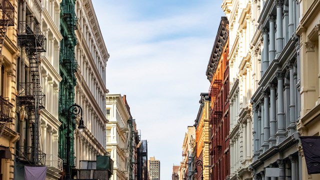 Historic buildings on Greene Street in the SoHo neighborhood of Manhattan in New York City NYC