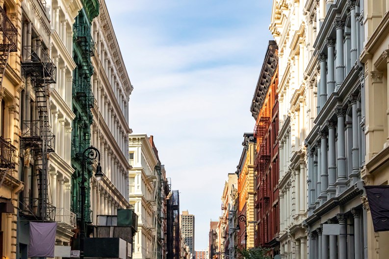 Historic buildings on Greene Street in the SoHo neighborhood of Manhattan in New York City NYC