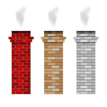 Brick fireplace chimney pipes. Vector smoke. Red, brown and white brick chimney. 3D vector illustration isolated on white.