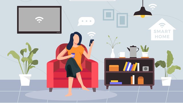Concept of house technology system with wireless centralized control. Young woman sit on the sofa holding smartphone. Vector illustration in a flat style