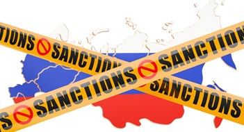 Russian Sanctions, New York Real Estate Sanctions concept with map of Russia, 3D rendering isolated on white background