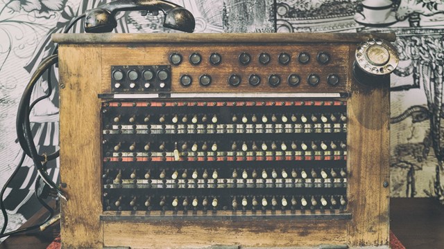 Old wooden vintage telephone, Antique telephone