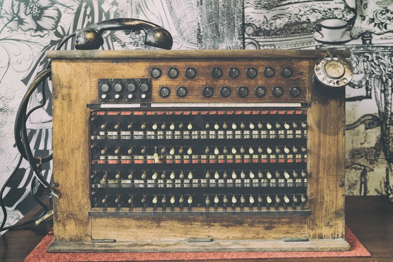 Old wooden vintage telephone, Antique telephone