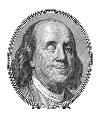 Benjamin Franklin blinking and smiling at you isolated on white