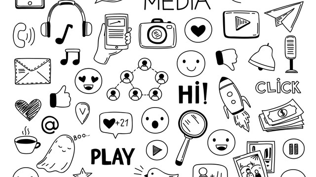 Doodle social media icons. Drawing symbols, website sketch art. Network or digital marketing, photo click arrow web vector set. Doodle sketch and internet drawing to social online illustration