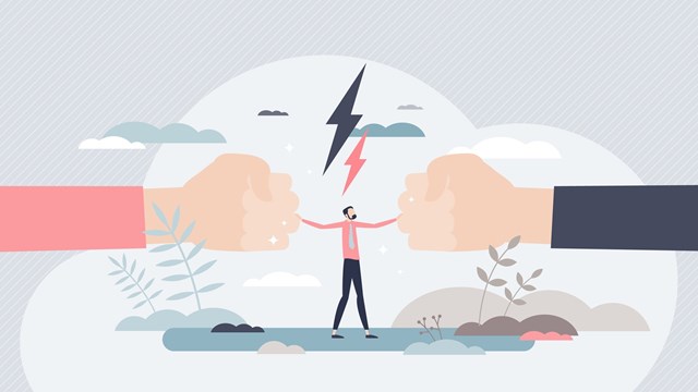 Mediation as conflict compromise and solution management tiny person concept. Disagreement and fight communication settlement with help from third party vector illustration. Business deal conversation