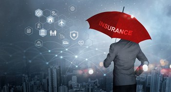Loss, Insurance,  & Claims Insurance concept, Businessman holding red umbrella on falling rain with protect with icon business, health, financial, life, family, accident and logistics  insurance on city background
