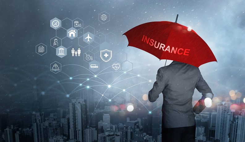 Insurance concept, Businessman holding red umbrella on falling rain with protect with icon business, health, financial, life, family, accident and logistics  insurance on city background