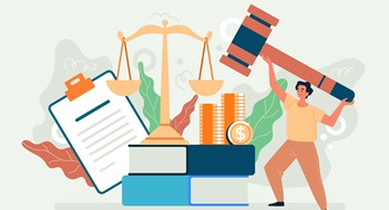 The Year in  Co-op, Condo, & HOA Law Tax law authority government justice concept. Vector flat cartoon graphic design