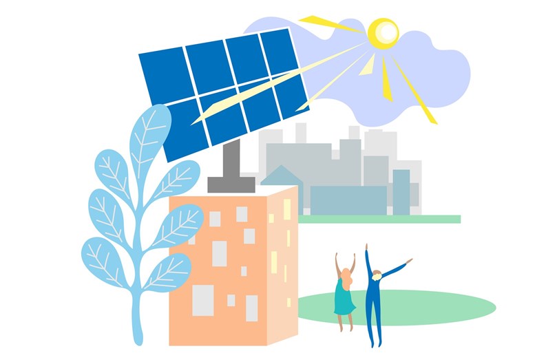 Cartoon showing solar panel on the roof of a multistory building with sun and urban skyline in background