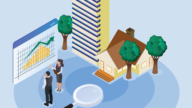Illustration showing two people looking at a chart, comparing a high rise building with a suburban home