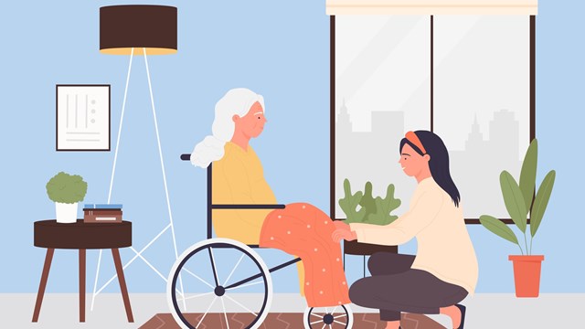 Home care services for elder people. Help of young female volunteer caregiver to old patient, disabled woman sitting in wheelchair flat vector illustration. Healthcare, retirement, disability concept