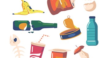 Multifamily Garbage Collection, Handling, & Disposal Set Different Garbage and Old Things Plastic Cup, Tin Can, Banana Peel, Apple Stub. Fish Bone, Yoghurt Pack, Broken Glass Bottle, Egg Shell, Trash Closeup, Used Packages. Cartoon Vector Illustration