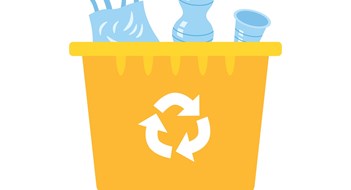 Improving Recycling Compliance Yellow recycling garbage can or dumpster isolated full with plastic rubbish, wheelie trash bin flat vector illustration, waste management.