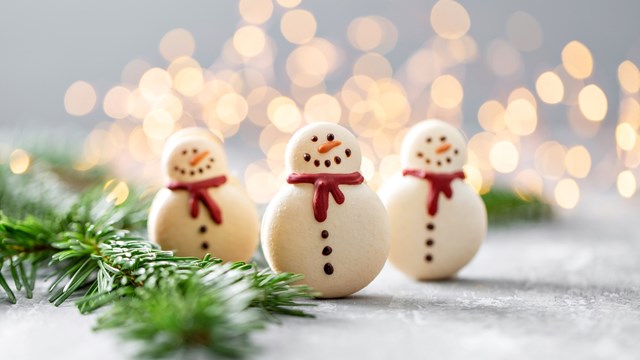 Variety of sweet macaroons. Fir branches on a gray background. Merry Christmas card. New year mood.