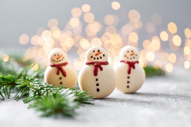 Variety of sweet macaroons. Fir branches on a gray background. Merry Christmas card. New year mood.