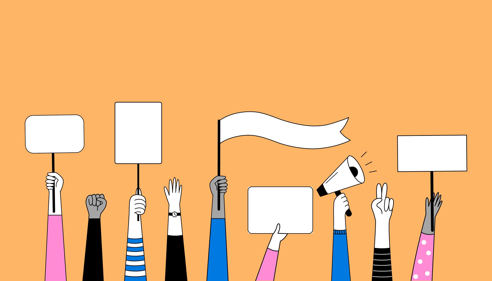 Set of hands with posters, a megaphone, signs, banners and placards. Vector illustration in doodle style.