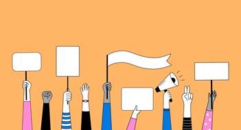Political Signs, Bylaws, & Free Speech Set of hands with posters, a megaphone, signs, banners and placards. Vector illustration in doodle style.