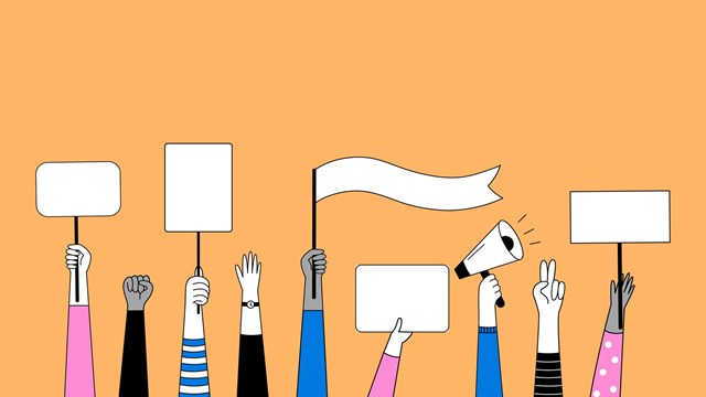 Set of hands with posters, a megaphone, signs, banners and placards. Vector illustration in doodle style.