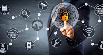 Unified Property Access Blue chip manager is unlocking a virtual locking mechanism to access shared cloud resources. Internet concept for identity & access management, cloud storage, cybersecurity and managed services.