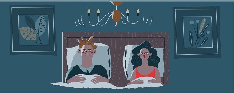 Loud noisy neighbours disturbing unhappy couple in bed. Problems in neighbouring apartments at home vector illustration. Young annoyed man and woman cannot sleep, fighting or quarrel.