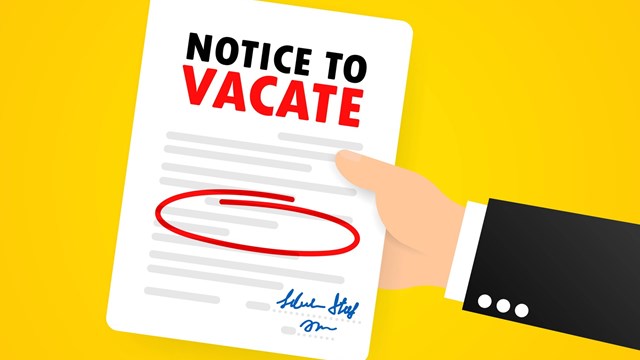 Businessman is holding legal documents. Eviction Notice Form. Human resource management concept. Vector on isolated background. EPS 10