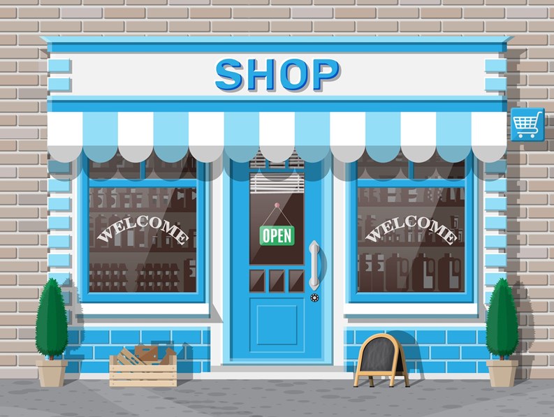 Empty store front with window and door. Wooden and brick facade. Glass showcase of boutique. Small european style shop exterior. Commercial, property, market or supermarket. Flat vector illustration