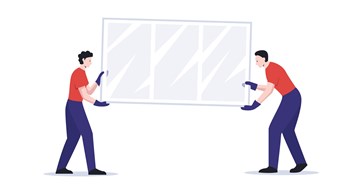 Window Maintenance & Replacement Workers carry the window illustration. Vector colorful illustration of two male workers in gloves carefully carry the window for installation or replacement. Builders installing a window in the appartment
