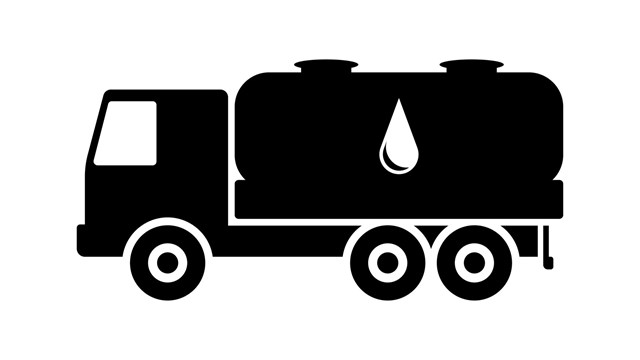Oil tanker truck icon. Black silhouette on white background. Side view. Vector flat graphic illustration.