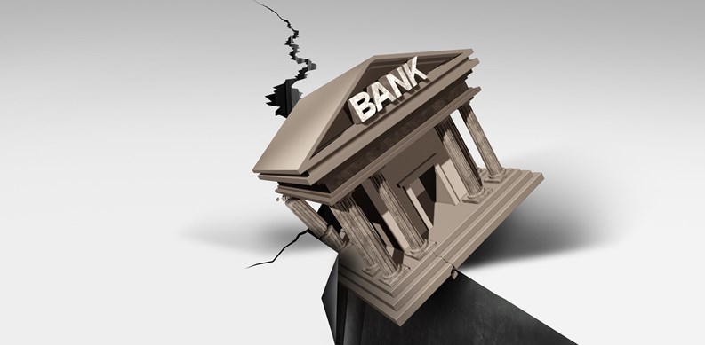 Bank Collapse and Banking Crisis or global credit system falling in debt as a financial instability or insolvency concept as an urgent business liquidity problem as a 3D illustration.