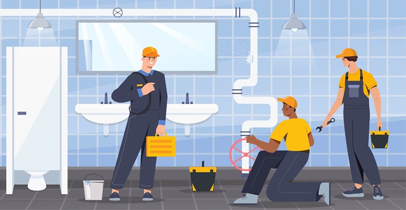 Plumbers fixing pipe. Workers with tools carry out repair work in public toilet, fix sewers. Men in boiler room with equipment. Repair service and maintenance concept. Cartoon flat vector illustration