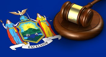 The Continuing Effect of HSTPA on Co-op & Condo Owners New York US state law, code, legal system and justice concept with a 3d render of a gavel on the New Yorker flag on background.