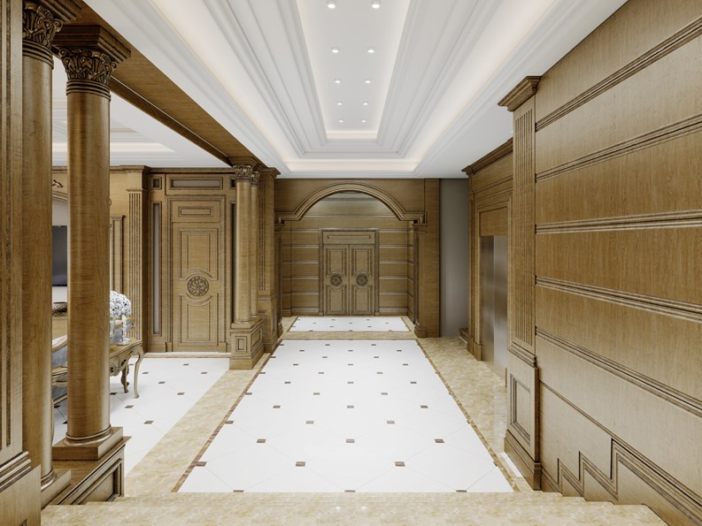 Large hall hallway in classic style with wooden walls and columns with arches and white tiles on the floor 