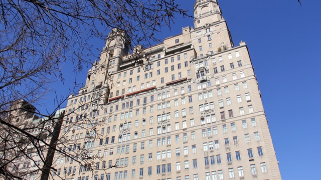 W 81st Street facade of The Beresford, 23-floor "pre-war" apartment building, one of the most prestigious addresses in Manhattan at 211 Central Park West, New York, NY