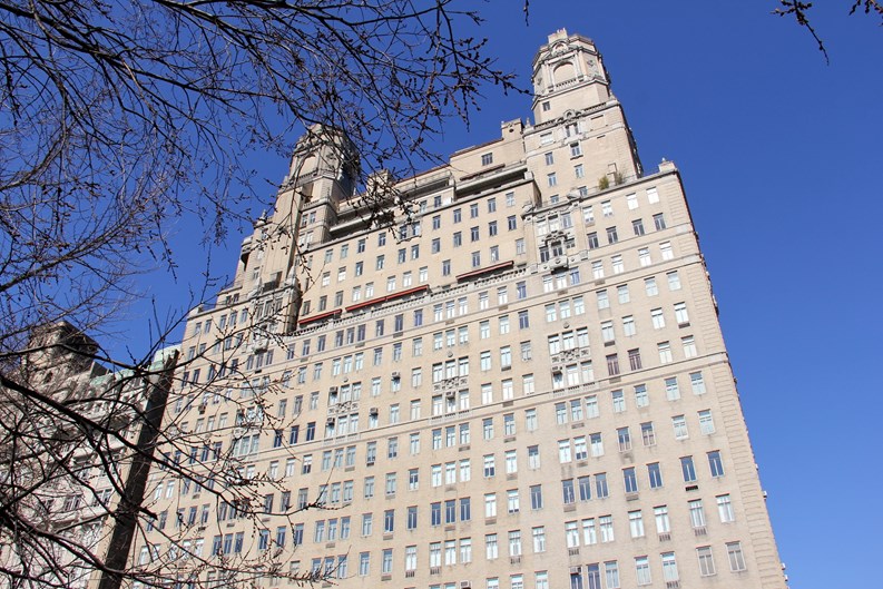 W 81st Street facade of The Beresford, 23-floor "pre-war" apartment building, one of the most prestigious addresses in Manhattan at 211 Central Park West, New York, NY