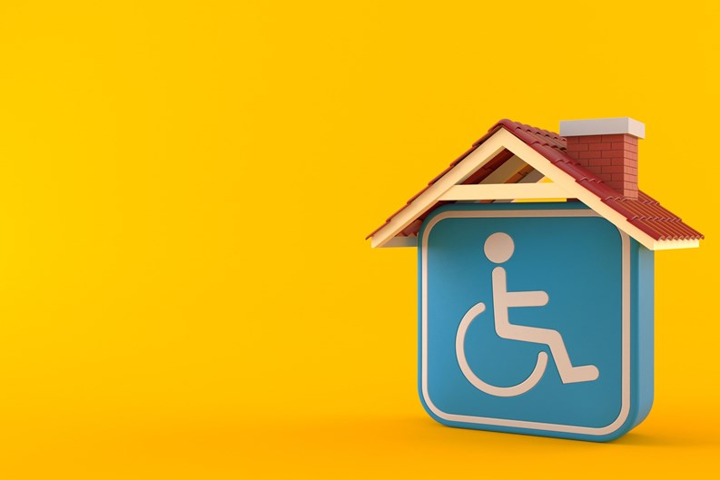 Handicap symbol with roof isolated on orange background. 3d illustration