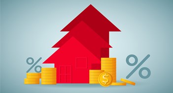 NHC President Warns of Stagflation After Fed's Latest Rate Increase house model like up arrow on background, finance and banking about house concept, investment ideas about real estate.house loan, housing price.
