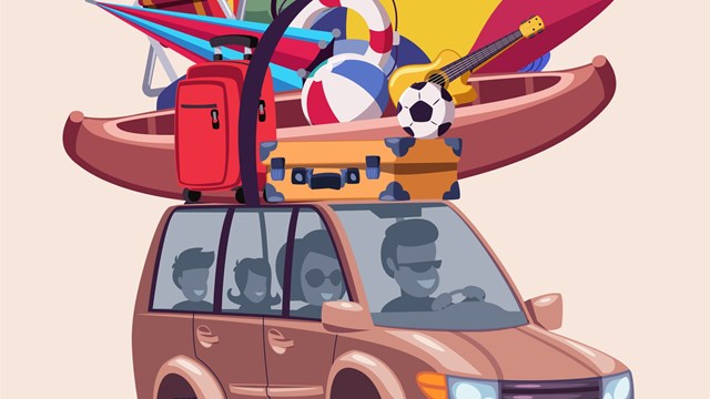 Summer vacation journey flat vector illustration. Road trip adventure. Family travelling by car with active rest equipment. Extreme sports accessories on vehicle roof top isolated on beige background