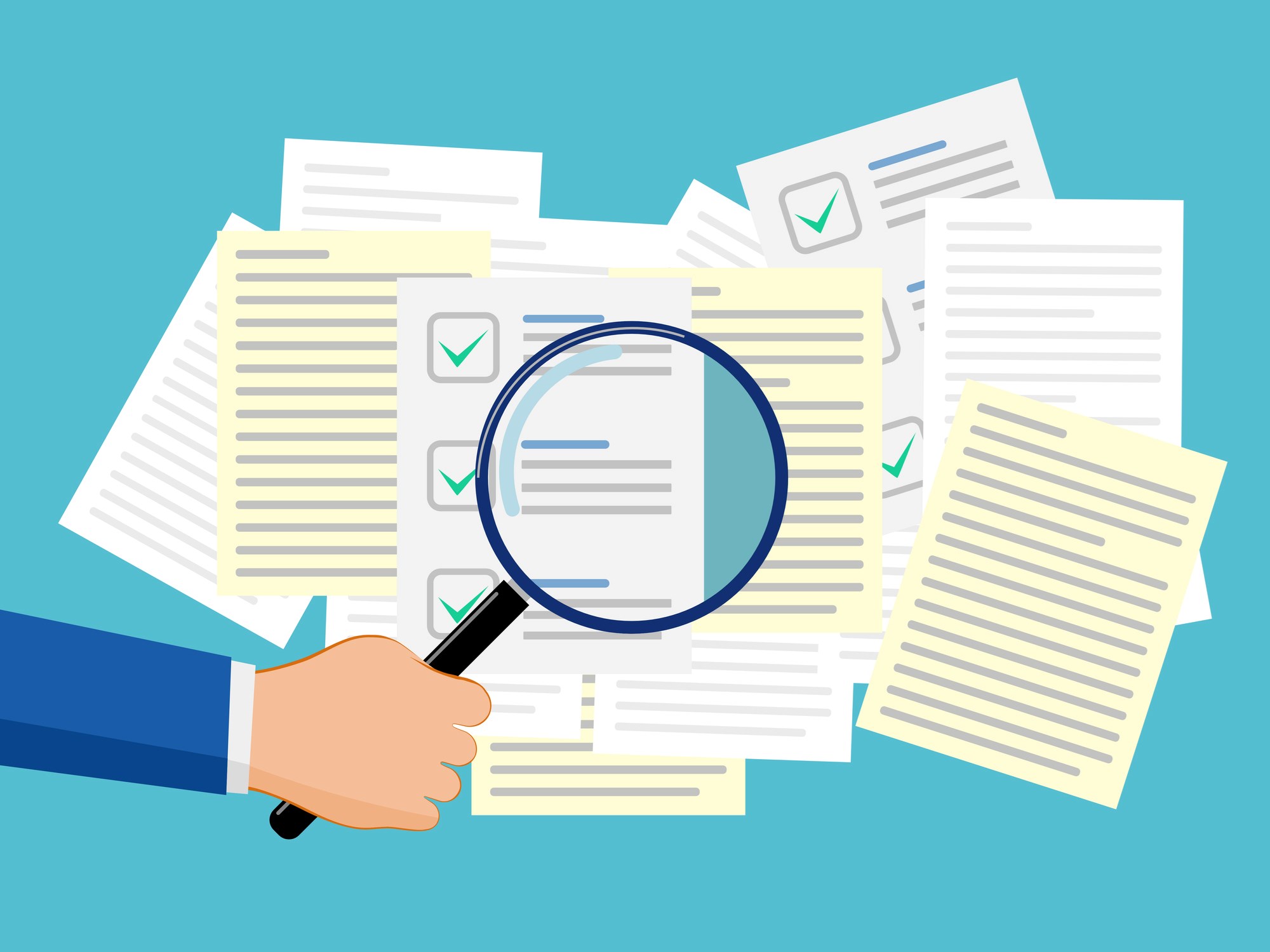 Hand with a magnifying glass to search for important documents vector