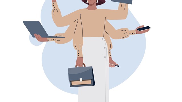 Concept of multitasking. Girl with lot of hands, boss, businesswoman or entrepreneur. Active worker, leader, overworked person, strong woman. Cartoon flat vector illustration