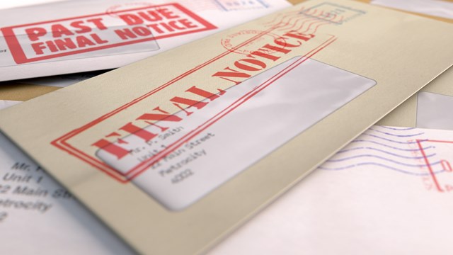A 3D render of a scattered stack of regular envelopes with delivery stamps and a clear window and the top one saying payment due symbolizing bills and debt on an isolated white background