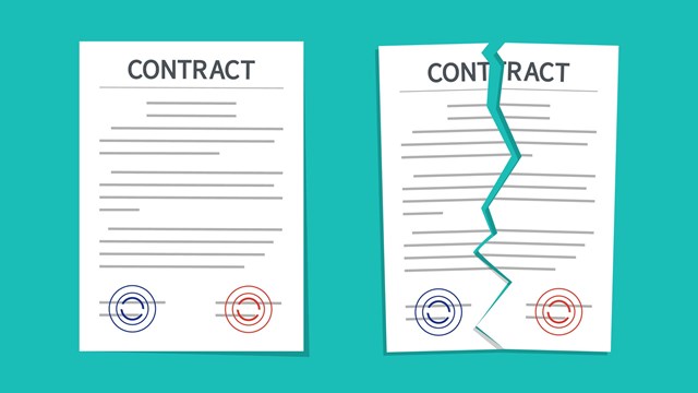 Contract and break contract. Breach and terminate of paper document. Cancel, torn and rip of agreement for law. Termination deal in business. Failure in partnership. Icon of disagree in work. Vector.