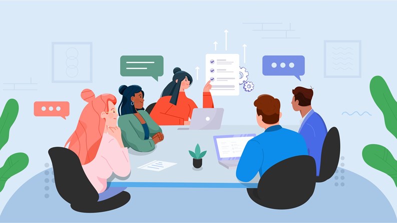 A flat vector illustration of a coworking meeting in the office and working on a project, showing the presentation, data, research, etc.